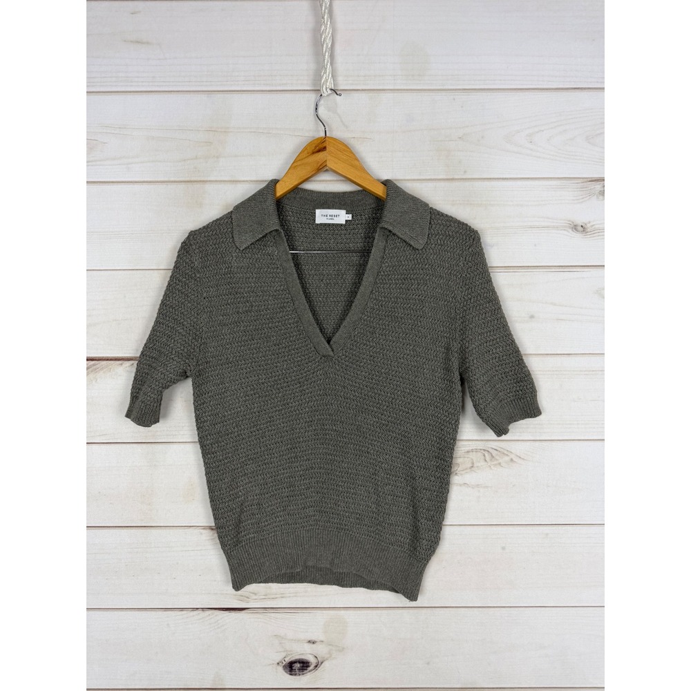 The Reset R Label Sweater S Olive Green Cotton Linen Textured Short Sleeve Polo